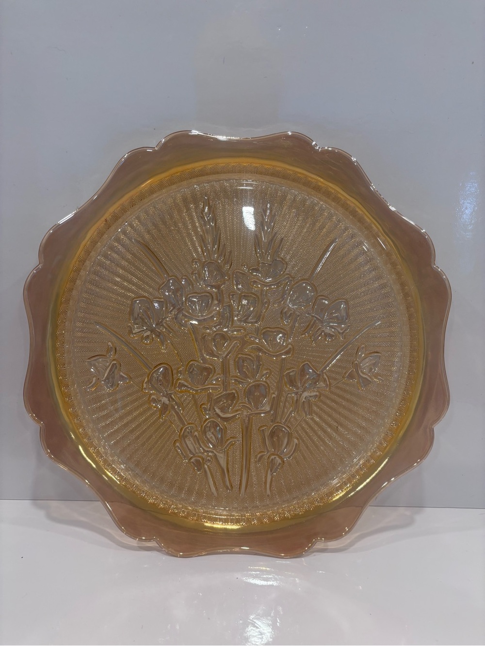 Vintage Marigold Carnival Glass Iris Floral Serving Platter Scalloped Edge 11.5”